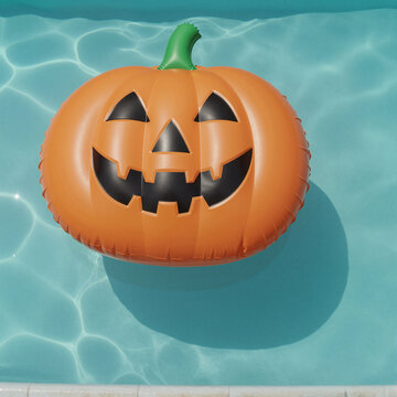 inflatable jack-o-lantern floating in a clear blue pool on a sunny day halloween decoration concept
