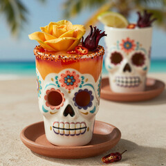 Naklejka premium colorful skull-shaped cocktail glasses decorated for dia de los muertos on tropical beach setting