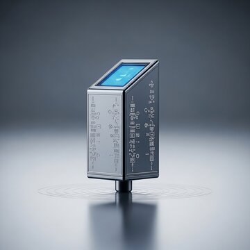 Digital Oracle: Gleaming monolith with cryptic glyphs and glowing screen.
