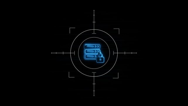 Neon glowing server database icon with padlock inside target scope hud interface on black background.