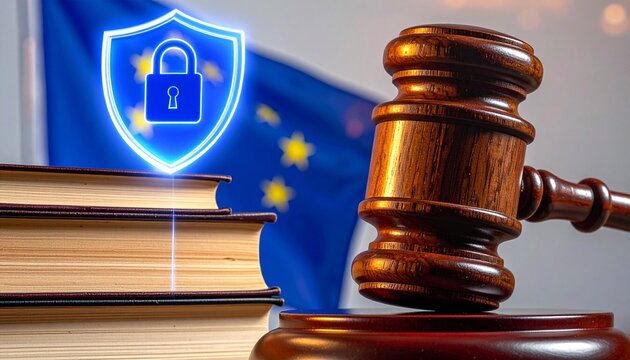Judge&rsquo;s gavel with EU flag, symbolizing GDPR and data protection.