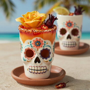 colorful skull-shaped cocktail glasses decorated for dia de los muertos on tropical beach setting