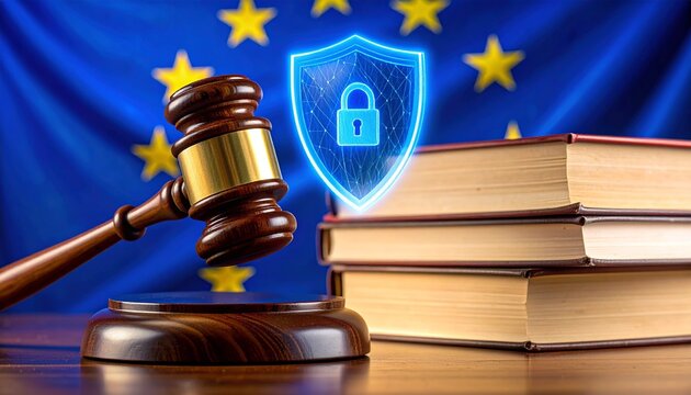 Judge&rsquo;s gavel with EU flag, symbolizing GDPR and data protection.