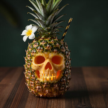 tropical drink in a carved pineapple with skull design and flower on wooden table concept of halloween