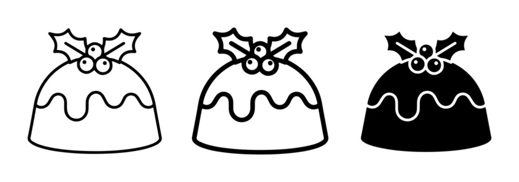 Christmas pudding icon set for holiday celebrations outline, solid and color styles, white background