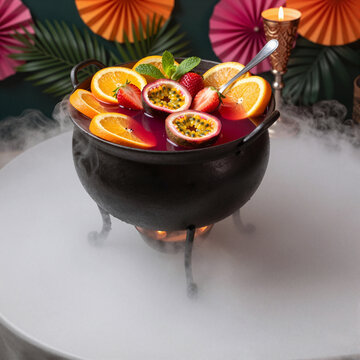 festive tropical punch with citrus and passion fruit in cauldron centerpiece for holiday celebration