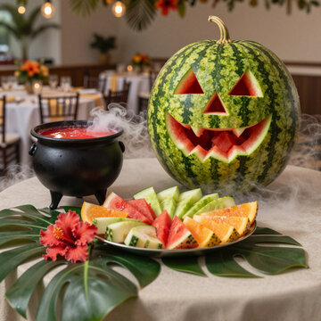halloween party with jack-o'-lantern carved watermelon and fruit platter in festive tropical setting