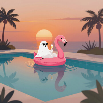 ghost enjoying a tropical sunset while floating on a flamingo pool float with cocktail in hand