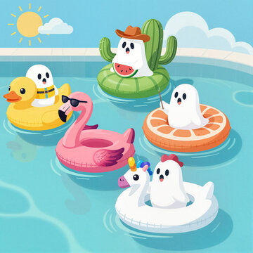 playful halloween ghosts in pool on inflatable floats enjoying sunny day concept of whimsical holiday fun