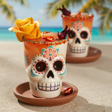 colorful skull-shaped cocktail glasses with tropical beach backdrop reflecting day of the dead celebration