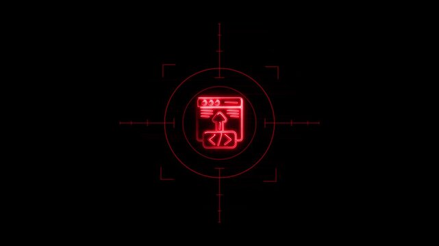 Neon glowing website browser window with code and upload arrow icon inside target scope on black background.