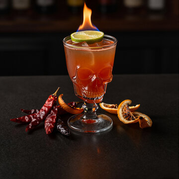 spicy cocktail with flaming lime garnish in skull glass on dark bar countertop, concept of halloween festivity