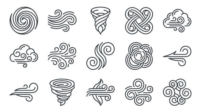 Weather storm and wind gust line icon set.