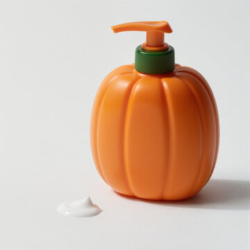 orange pumpkin-shaped liquid soap dispenser with white lotion on a neutral background, autumn theme