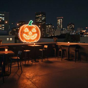 orange illuminated jack-o'-lantern overlooking city skyline on rooftop bar during halloween night