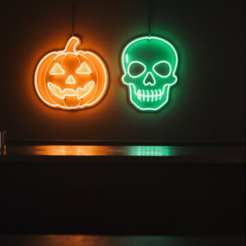 neon halloween decorations with glowing pumpkin and skull on dark wall, spooky holiday ambiance