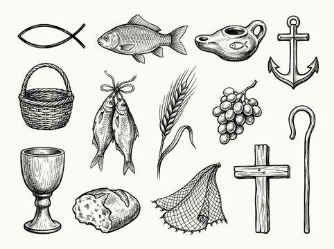 Hand drawn black ink sketch of christian symbol set including ichthys fish and cross on white background