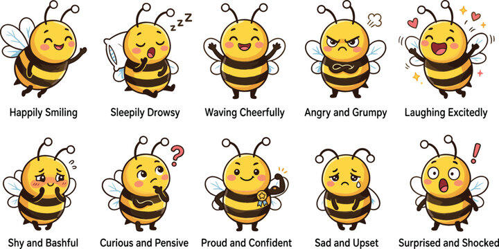 Cute Honey Bee Cartoon Character Emoji Emoticon Vector Sticker Set Exhibiting Diverse Facial Expressions and Emotional Moods for Kids Designs
