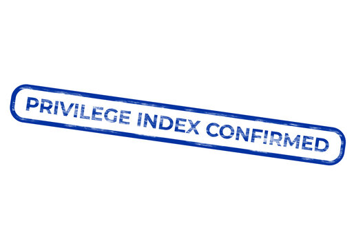 A blue rectangular rubber stamp reading privilege index confirmed isolated on a transparent background