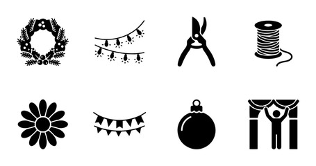 Fototapeta premium Holiday Decoration Icons Set, Silhouette Style, for Festive Celebration Design