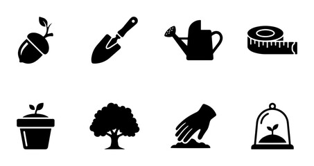 Gardening icons set with acorn, shovel, watering can, tape measure, plant, tree, hand, cloche © Sathi