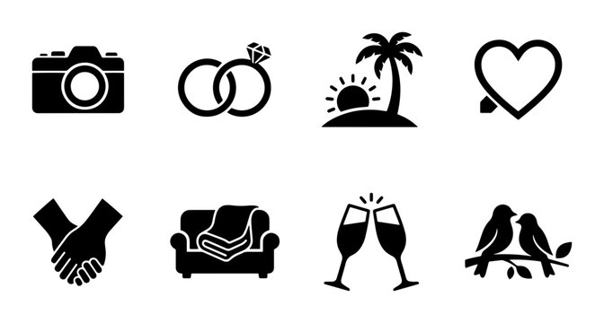 8 wedding and love icons, silhouette, for marriage and relationship concepts