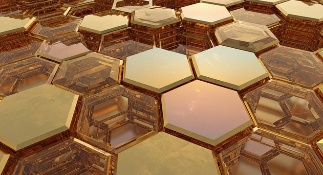 Golden Hexagonal Grid Abstract Background, Geometric Pattern, Futuristic Design