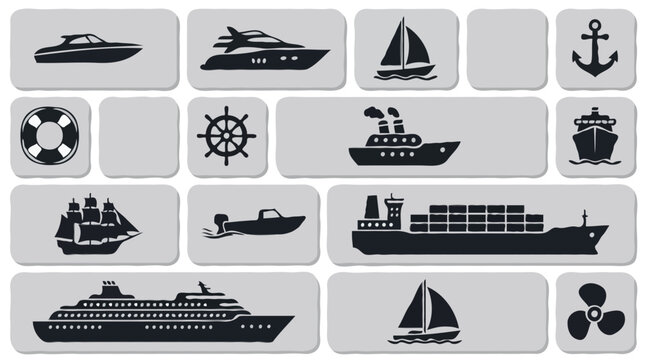 Flat vector icon set of various nautical vessels ships and maritime equipment