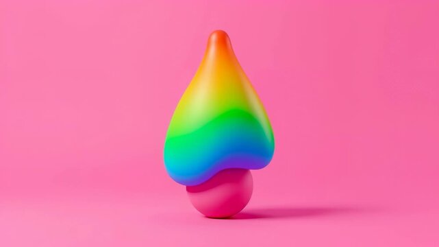Colorful stacking toy with various shapes and sizes transitions from stacked rings to a vibrant teardrop shape against a bright pink background