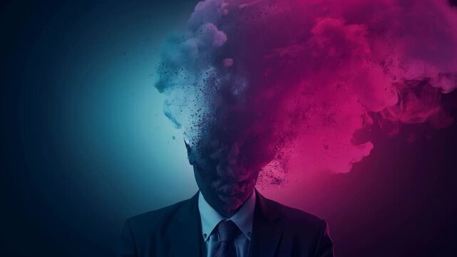 Man in suit with head dissolving into colorful smoke, showcasing a surreal transformation against a dark blue and pink gradient background