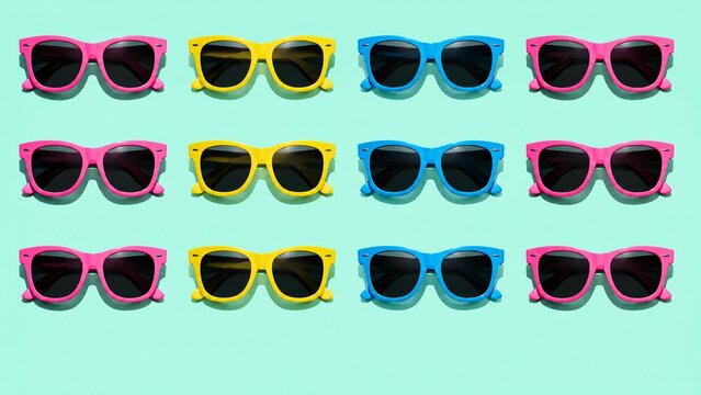 Seamless pop-art flat lay pattern of colorful plastic sunglasses arranged neatly on a vibrant pastel mint background