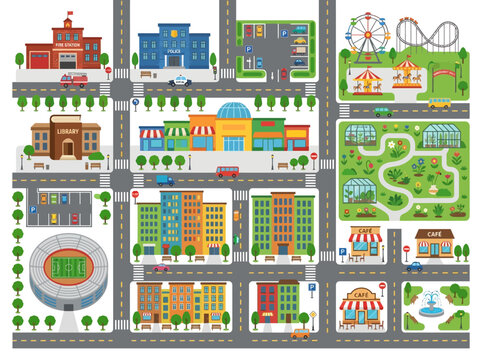 Vibrant cartoon map of a children's city, illustrating urban buildings, community services, parks, and leisure attractions.