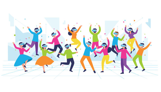 Group of energetic young people wearing virtual reality headsets dancing and celebrating on a digital grid background.