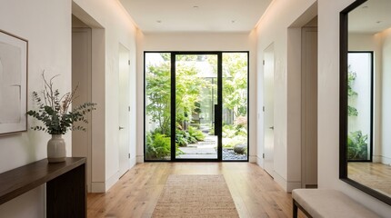 Fototapeta premium Modern Entryway with Glass Doors Opening to Lush Green Garden and Natural Light