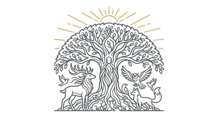 Obraz premium Tree with animals and sun illustration.