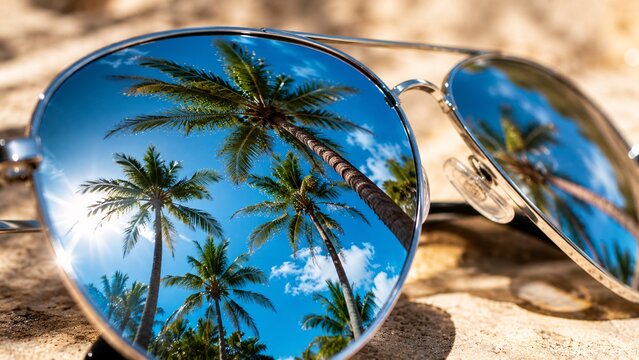 Close-up of round mirrored sunglasses perfectly reflecting tall tropical palm trees and a clear blue summer sky