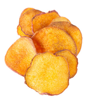 Crispy roasted sweet potato chips with sea salt, isolated on white background. Healthy and crunchy natural vegetable snack. Clipping path.