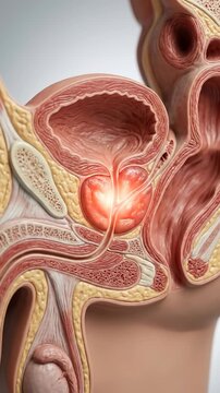 Human prostate analysis: inflammation depiction, gland pathology, anatomy visualize, zonal morphology, male urology, medical illustrate, tissue change, pelvic structure, urinary system, patient care.