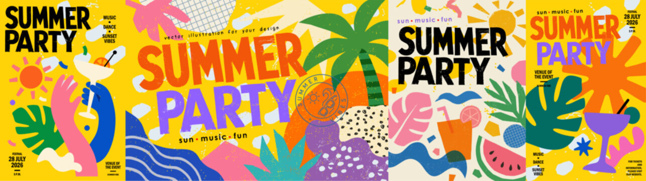 Summer party. Vector abstract modern illustration of tropical leaves, cocktail, sun, palm tree, wave, and bold typography for beach club, music festival, background, poster, flyer, vacation, banner 