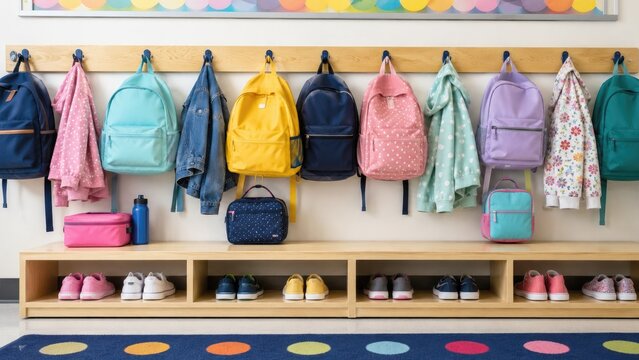 Colorful preschool cubby with backpacks, jackets and shoes neatly hung and stored
