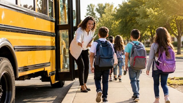 Elementary students with backpacks boarding a yellow school bus as an adult waves and greets them on a sunny sidewalk