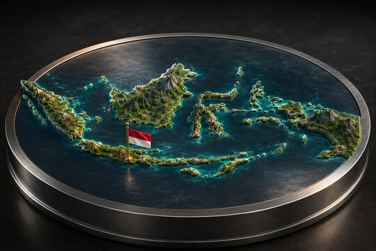 Ultra Detailed 3D Topographic Map of Indonesia with National Flag and Island Terrain