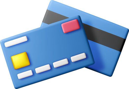 3D Two blue bank credit cards floating in air.
