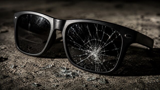 Extreme macro detail of a smashed and cracked black lens on unbranded sunglasses