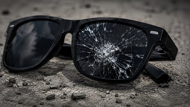 Close-up of black plastic sunglasses with a completely shattered cracked glass lens resting on the ground