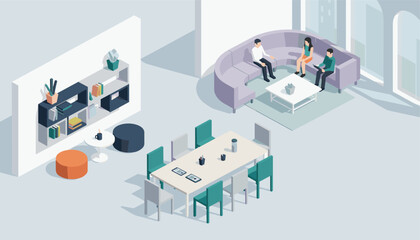 Fototapeta premium Isometric office layout showing a modern conference table with chairs, a lounge area with a sofa, and a bookshelf.