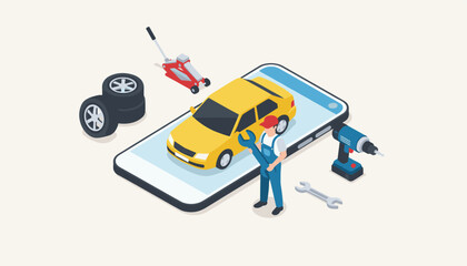 Naklejka premium Isometric mobile car repair concept showing a yellow car on a smartphone screen, a mechanic, and various tools.