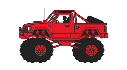 Red Monster Truck Illustration with Large Tires and Driver © Hijau