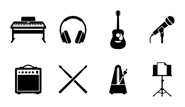 Music Icons Set: Keyboard, Guitar, Microphone, Headphones, Drums, Amp, Metronome, Stand