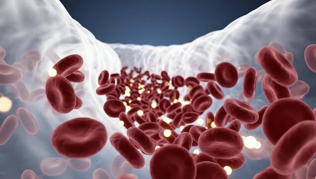 Bloodstream showing decreasing glucose levels during hunger, glowing energy particles fading through transparent blood vessels in realistic biological motion